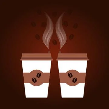 Dark coffee background with two white and brown disposable cups, steam, coffe Stock Illustration