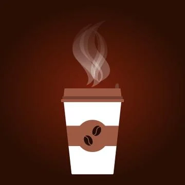 Dark coffee background with white and brown disposable cup, steam, coffee bea Stock Illustration
