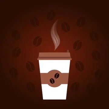 Dark coffee background with white and brown disposable cup, steam, coffee bea Stock Illustration
