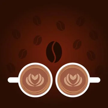 Dark coffee background with white cap, steam, coffee beans, the drawing on th Stock Illustration