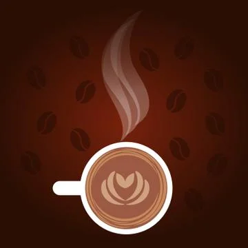 Dark coffee background with white cap, steam, coffee beans, the drawing on th Stock Illustration