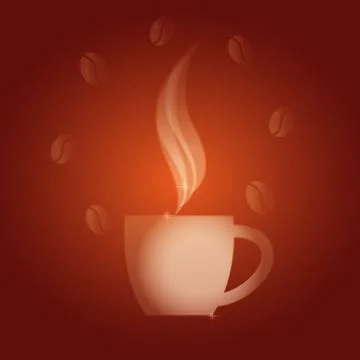 Dark coffee background with white cap, steam, coffee beans. Vector illustrati Stock Illustration