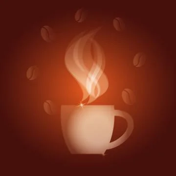 Dark coffee background with white cap, steam, coffee beans. Vector illustrati Stock Illustration