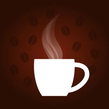 Dark coffee background with white cap, steam, coffee beans. Vector illustrati Stock Illustration