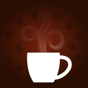 Dark coffee background with white cap, steam, coffee beans. Vector illustrati Stock Illustration