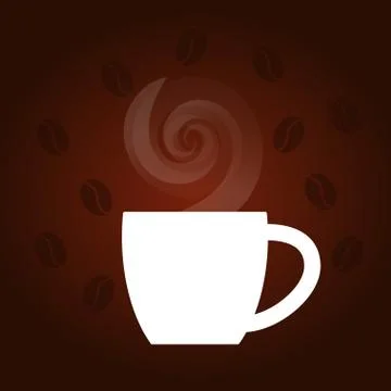Dark coffee background with white cap, steam, coffee beans. Vector illustrati Stock Illustration