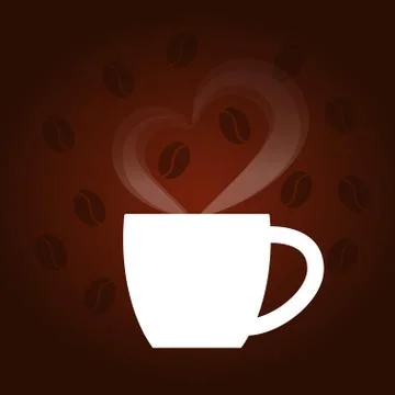 Dark coffee background with white cap, steam in the shape of a heart, coffee  Stock Illustration