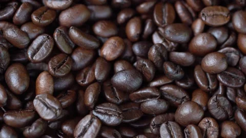 Dark Coffee Grains. Rotating . Coffee beans. Close up of seeds of coffee Stock Footage 135404094