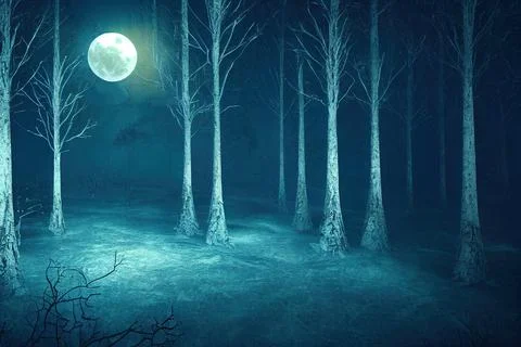 Dark cold forest. Dramatic scene with trees, big moon, moonlight. Smoke, shad Stock Illustration