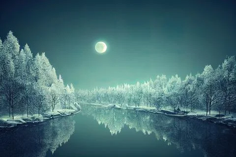 Dark cold forest at night. river along the forest, full moon. Winter polar la Stock Illustration
