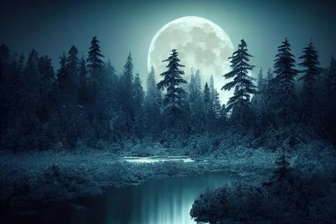 Dark cold forest at night. river along the forest, full moon. Winter polar la Foto stock