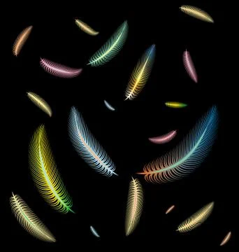 Dark color background and image of flying colored feathers 스톡 일러스트