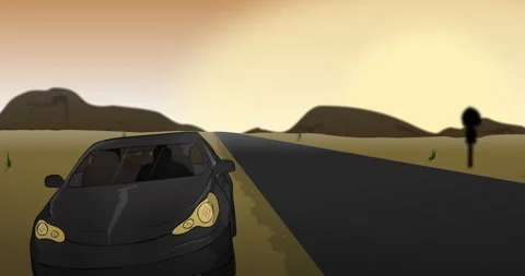 Dark color car stop on a side of a highway desert road. Front view. Stock Footage 243817742