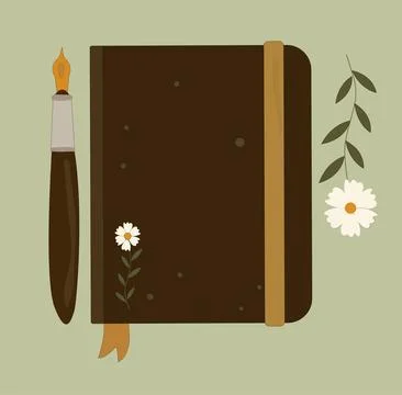 Dark color notepad with ink pen and flowers Stock Illustration