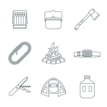 Dark colored outline various camping icons collection. 스톡 일러스트