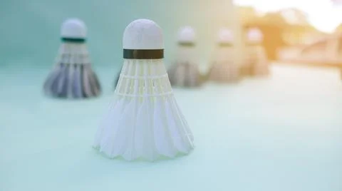 A dark colored shuttlecock resting on a light green surface, with a soft fo.. Stock Photos