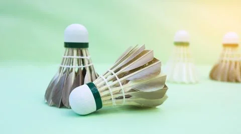 Dark colored shuttlecocks placed on green background, an active sport. Stock Photos
