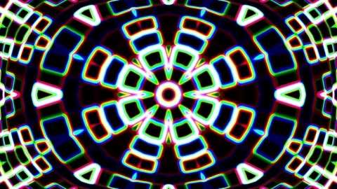 Dark Colorful Neon Glow Complex Psychedelic Kaleidoscope Motion Background Loop Stock Footage 69746759