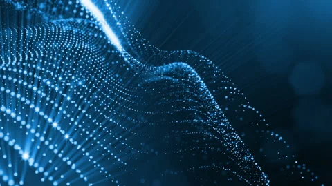 Dark composition with oscillating luminous blue particles that form wavy surface Video stock 95194707