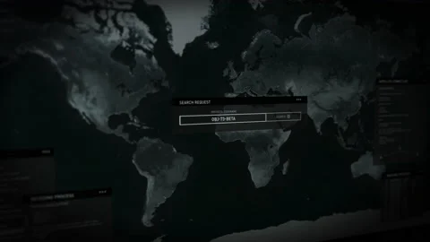 Dark computer screen. Interface loading scan through wold continents.Baghdad.UI Stock Footage 205598212