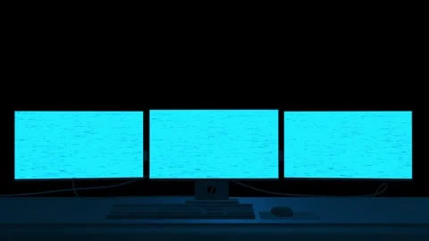 Dark computer security desk visual bright monitors, cyan data screens, and low l Stock Footage 340573188