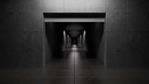 Dark concrete corridor behind open shutter door leading to unknown place Stock Illustration