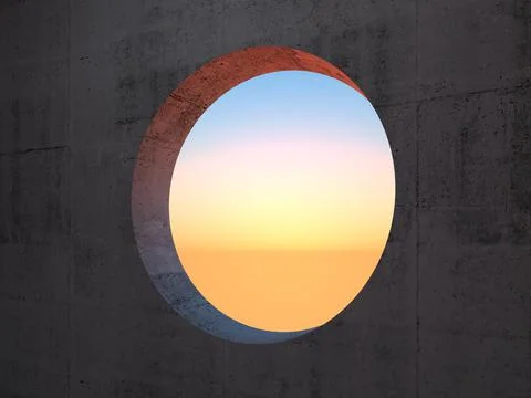 Dark concrete wall with an empty round light window, 3d Stock Illustration