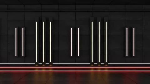Dark Concrete Wall with Vertical Neon Tubes and Red Floor Lines Stock Illustration