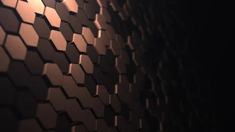 Dark copper hexagon wall with cinematic depth, 3D geometric technology back.. Stock-Illustration