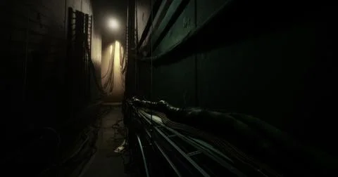 Dark corridor with cables and dim lighting reveals mysterious atmosphere Stock Illustration