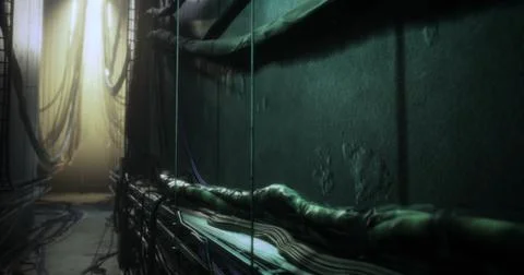Dark corridor with cables and soft light illuminating the end Stock Illustration