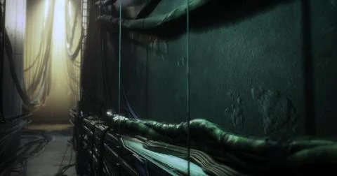 Dark corridor with glowing cables and soft light in futuristic setting 스톡 일러스트