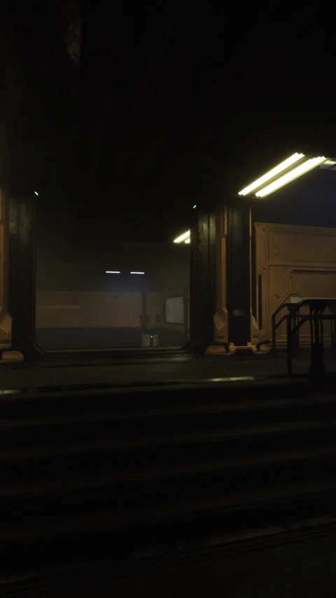 Dark corridor leading to illuminated entryway in futuristic setting Stock Footage 329940318