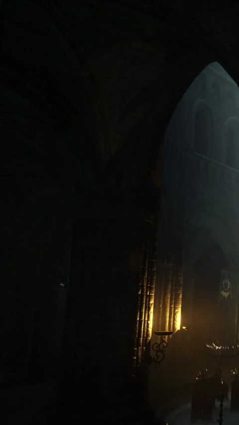 Dark corridor with light and stone structure in medieval setting Stock Footage 332220901