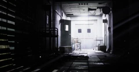 Dark corridor with light streaming in from the end near abandoned furniture Stock Illustration