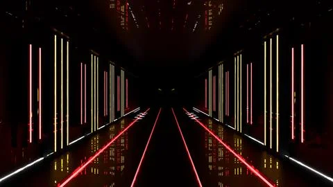 Dark Corridor Lined with Vertical Neon Tubes and Red Lasers Stock Illustration