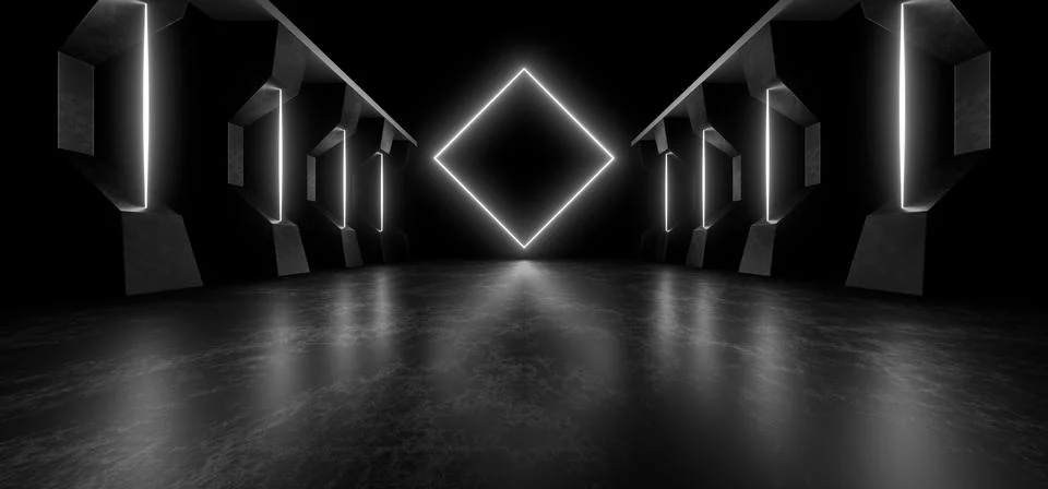 A dark corridor lit by white neon lights. Reflections on the floor and walls. Stock Illustration