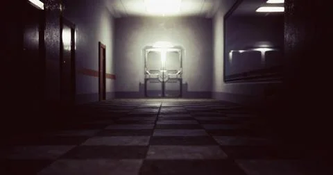 Dark corridor with reflective surfaces in an abandoned building at night Illustrazione stock