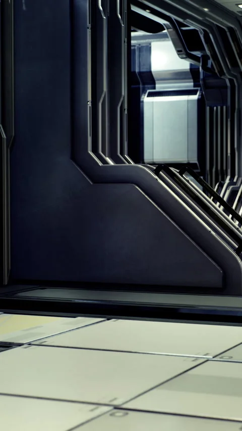 Dark corridor with stairs and lights at a futuristic location during the day Stock Footage 334886138