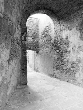 Dark corridors of an old fortification structure . Tuscany, Italy Stock-Fotos