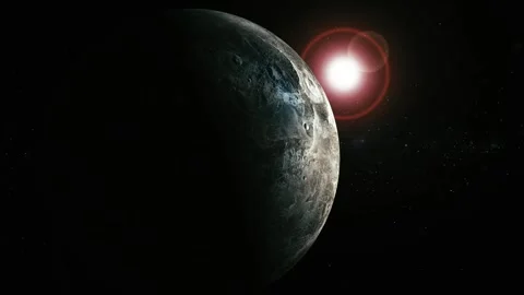 Dark cratered moon or planet in space with a bright sun flare and starry bl.. Stock Footage 340383050