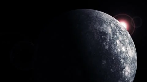 Dark cratered moon or planet seen in space with a bright sun flare and deep.. Stock Footage 340389414
