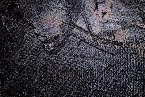 Dark creative background - rough linen canvas unevenly covered with black pri Stock Photos