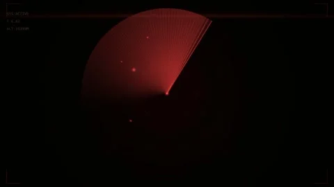 Dark crimson digital radar scope with rotating glowing sweep line and distance g Stock-Footage 347080923