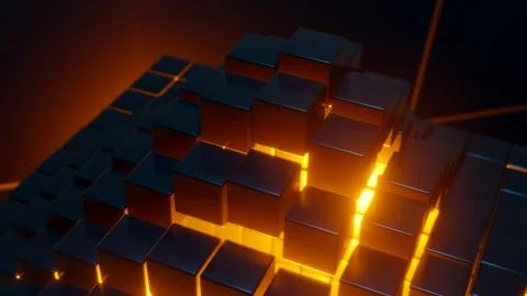 Dark Cube Collapsing Into Small Elements. Futuristic Glowing Shape イラスト素材