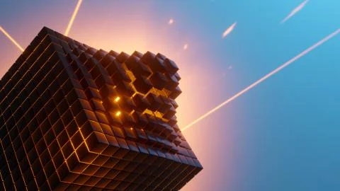 Dark Cube Collapsing Into Small Elements. Futuristic Glowing Shape Illustrazione stock