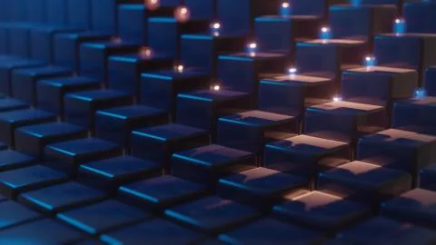 Dark Cube Collapsing Into Small Elements. Futuristic Glowing Shape イラスト素材