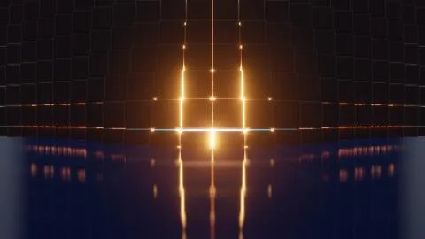 Dark Cube Collapsing Into Small Elements. Futuristic Glowing Shape Illustrazione stock