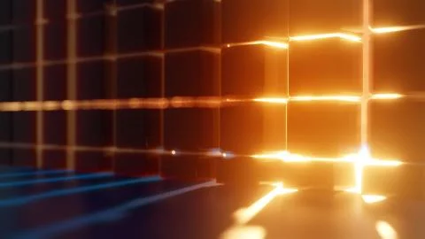 Dark Cube Collapsing Into Small Elements. Futuristic Glowing Shape Stockillustratie