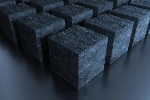 Dark cubes randomly distributed in the air, 3d rendering. Ilustração Stock